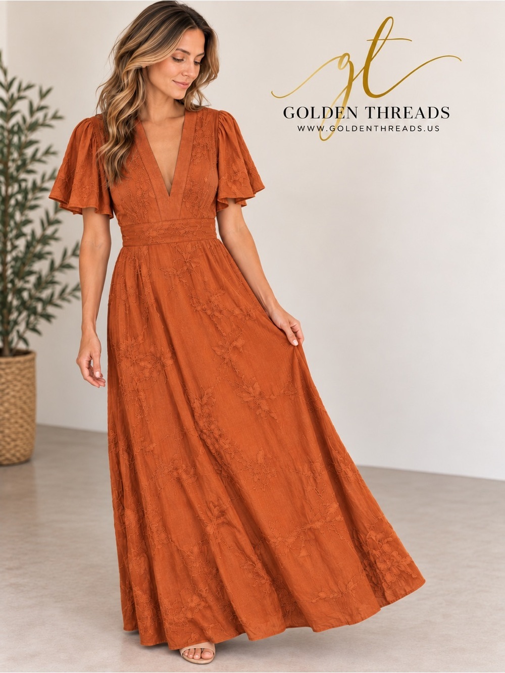 GT-73 Rust Orange Embroidered Deep V-Neck Maxi Dress